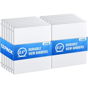SUIN Bulk 12 Pack 0.5-inch 3 Ring Binders -Durable 1/2'' Binders with Roung Ring Binder, Large 100 Sheet Capacity, Fit 8.5" x 11" US Letter Size Paper, White (0.5'' White - 12 Packs)