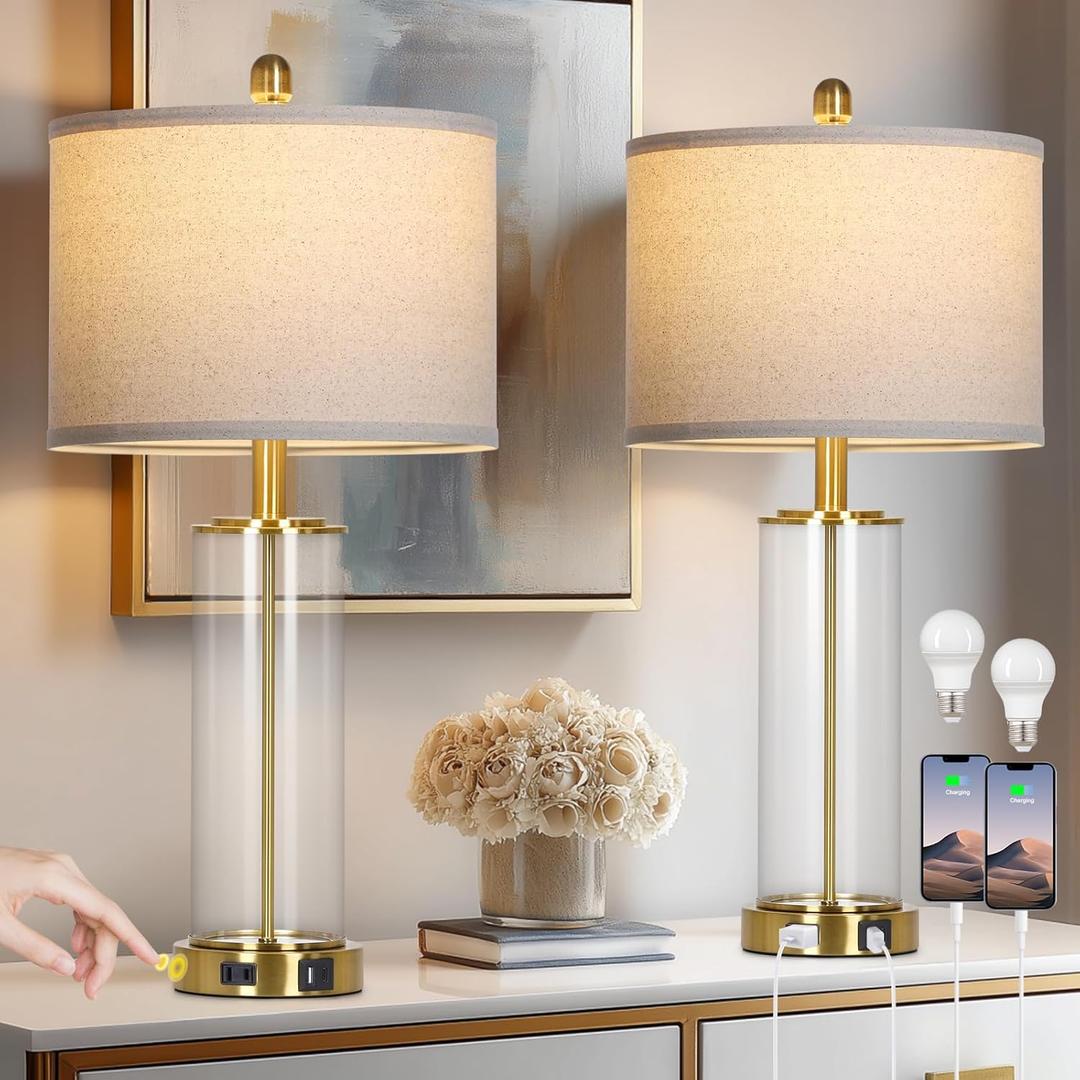 26" Gold Glass Table Lamps Set of 2, 3-Way Dimmable Touch Control Glass Lamps for Living Room, Modern Bedroom Lamp with USB C+A Ports & Outlet, Classic Bedside Lamp for Nightstand Side End Decoration