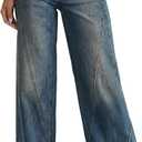 Womens Wide Leg Jeans Mid High Waisted Baggy Straight Leg Stretchy Denim Pants Seamed Long Trousers (Blue)