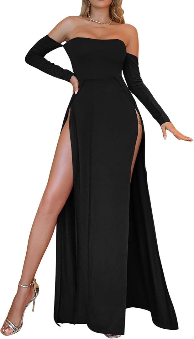 GORGLITTER Women's Off Shoulder Bodycon Maxi Dress High Slit Long Sleeve Club Flowy Long Dresses Wedding Guest Dress Fall (Large, Black)