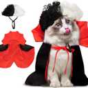 Halloween Cat Costume,Reversible Cape and Wig Set for Cats Dogs, Adjustable Red Black Witch Vampire Cruella Style Pet Outfit with Neck Strap