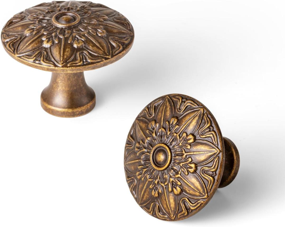 6 Pack Antique Brass Cabinet Knobs, Vintage Mandala Drawer Pulls, Solid Zinc Alloy Retro Ornate Starburst Door Handles for Kitchen Cupboard, Dresser, Wardrobe, Bathroom Vanity Hardware