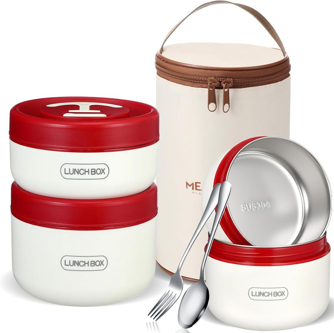 Dandat 3 Pcs Portable Insulated Lunch Container Set for Adult, Stackable Stainless Steel Bento Box for Hot Food with Insulated Lunch Bag Unisex 3 Separate Thermal Food Container(Red)