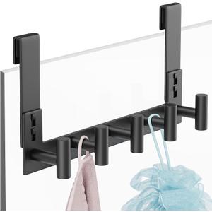 PMMASTO Shower Door Hooks, (7.5 Inch) Extended Towel Hook for Bathroom Frameless Glass Shower Doors, Stainless Steel Heavy Duty Holder for Hanging Robe,Towel (Black 5 T-Hooks-Fits 3/8" Thick Door)