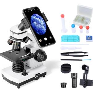 Microscope for Adults Kids Students 100-2000x Powerful Biological Educational Microscopes with Operation Accessories (10p), Slides Set (15p), Phone Adapter, Wire Shutter & Backpack (WR855(White))