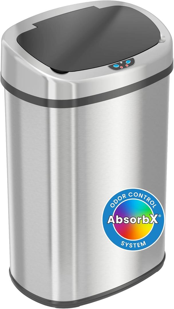 iTouchless 13 Gallon Sensor Kitchen Trash Can with Lid and Odor Filter, Stainless Steel Oval Automatic Trashcan for Home Office Bedroom Living Room Garage Large Capacity Slim Space-Saving Trash Bin (Brushed Silver)