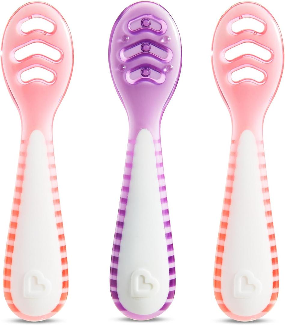 Munchkin Gentle Dip Baby Spoons for Self Feeding and Baby Led Weaning, 3 Pack, Pink/Purple