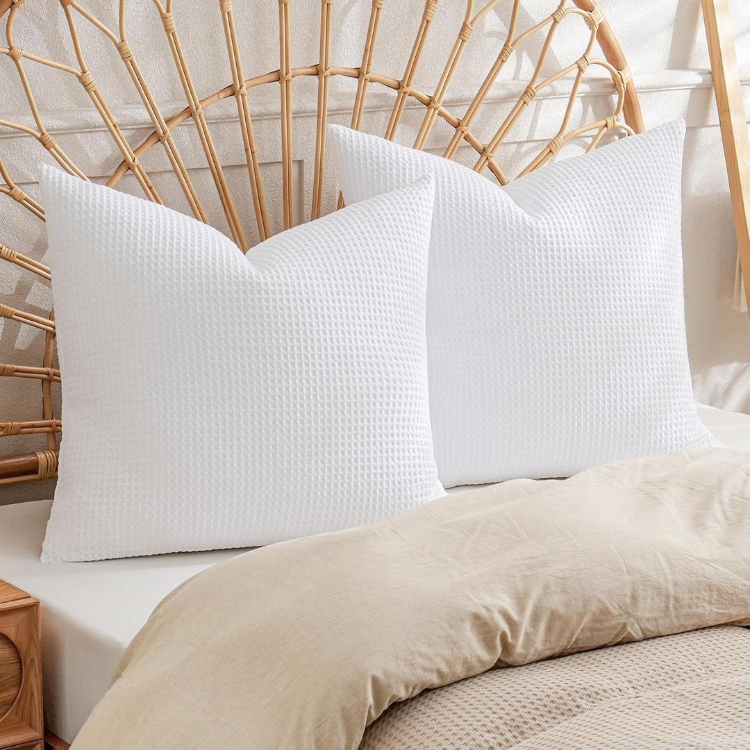 PHF 100% Cotton Waffle Weave Throw Pillow Cover, 22" x 22", No Filling, 2 Pack Elegant Home Decorative Square Throw Pillow Covers for Bed Couch Sofa, White