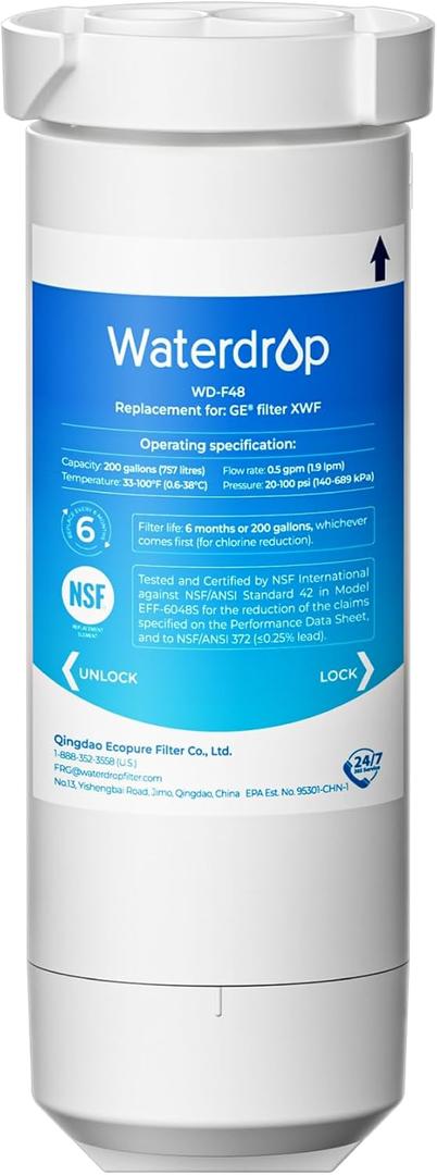 Waterdrop XWF Refrigerator Water Filter, Replacement for GE® XWF, WR17X30702, NSF 42/372 Certified, Compatible with GE® GNE27, GFE26, GDE25, GSS25, PSE25 Series Refrigerators, 1-Pack (Not XWFE)