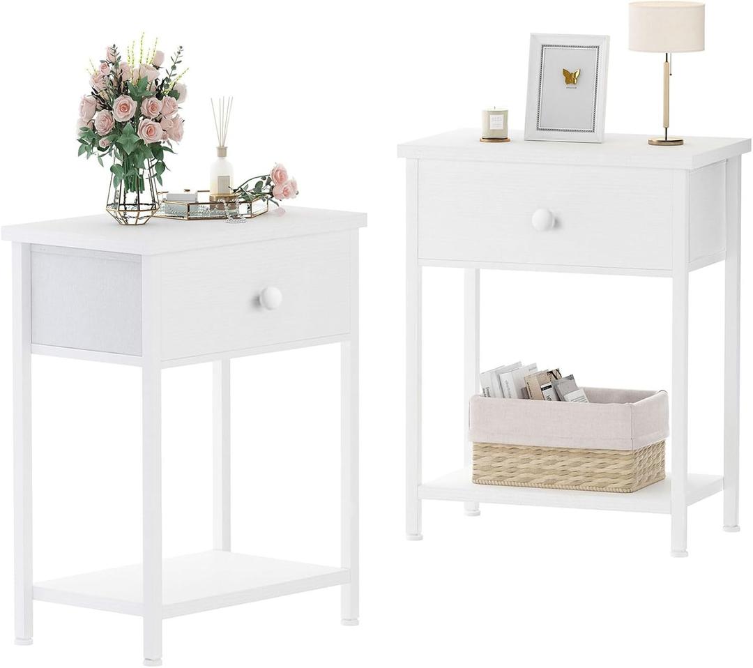 White Nightstands Set of 2, Small Night Stand Set 2 with Drawer and Shelf Storage for Bedroom, Dorm, Modern