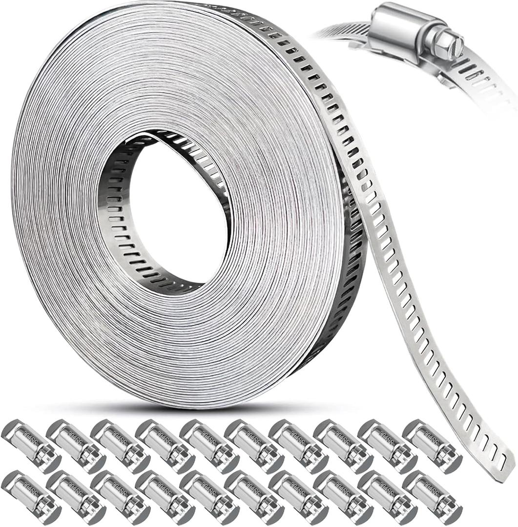 Hose Clamps Stainless Steel, Large Worm Gear Duct Pipe Hose Clamp Assortment Kit, Band Fittings Strap, 32.81FT Adjustable Metal Bolt with 20 Stronger Fasteners Screw for Plumbing Auto Tube Fuel Line