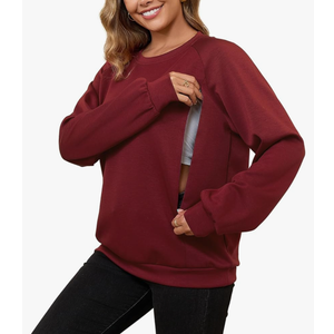 DEBELLY Nursing Friendly Sweatshirt for Breastfeeding Women Dual Zippers Nursing Top Long Sleeve Crew Neck Casual Wear, L