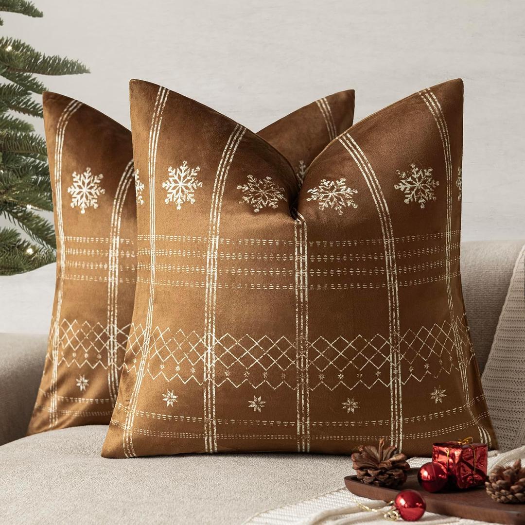 Foindtower Pack of 2 Decorative Velvet Christmas Pattern Throw Pillow Covers Holiday Print Cushion Cover with Snowflake Accent Pillowcase for Couch Sofa Living Room Home Decor,1818 Inch,Golden Brown