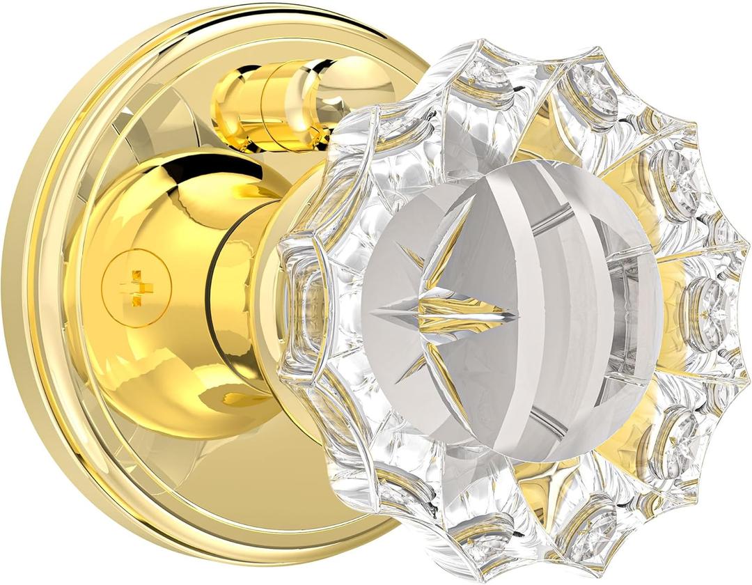 Glass Door Knobs Interior, Privacy Crystal Door Knobs with Lock for Bedroom Bathroom, Push Pin Button Inside Lock Polished Gold