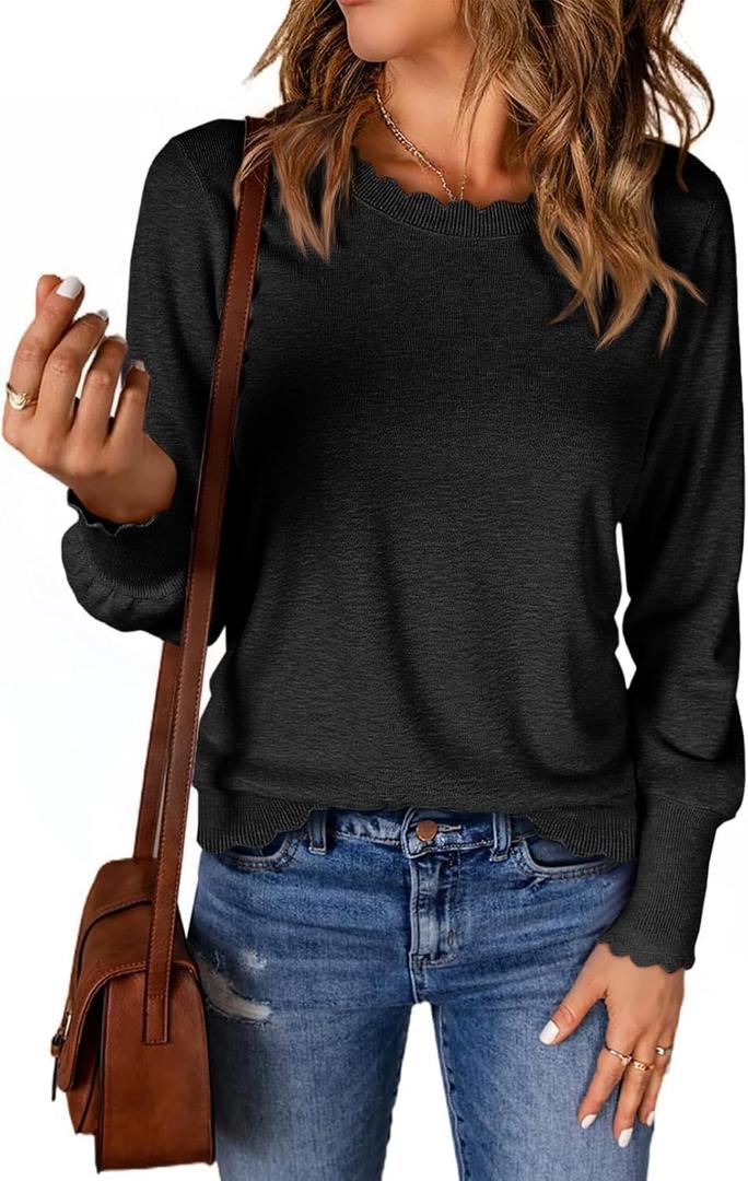 Cicy Bell Womens Crew Neck Long Sleeve Sweater Trendy Casual Scallop Trim Fall Knit Lightweight Pullover Tops (Small, Black)