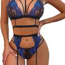 Avidlove Lace Garter Lingerie Set with Removable Choker Teddy Babydoll Strappy Bra and Panty Set (No Stockings) (X-Large, Black&blue)