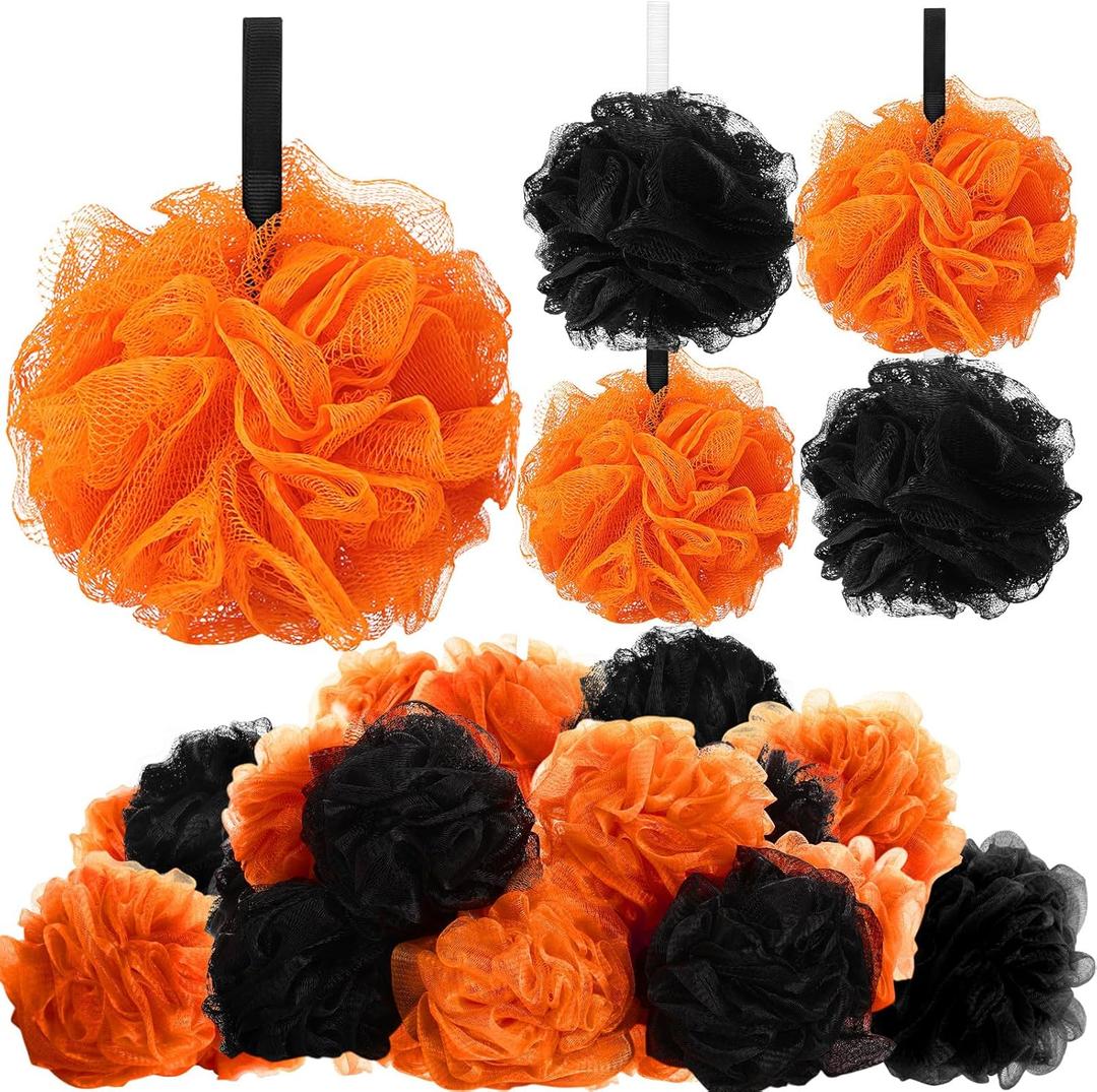 24 Pcs Bath Loofah Sponge Blue Loofah Exfoliating Body Scrubber Shower Sponge 50g Mesh Pouf Balls Gift Basket for Baby Shower Women Men Bathing Accessories Gift Bucket(Orange,Black)
