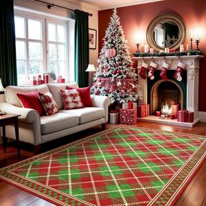 Terrug Christmas Area Rug 4x6 for Bedroom, Red Green Checkered Rugs with Low Plie Non-Slip Backing for Living Room, Washable Stain-Resistant Plaid Carpet for Kids Room Holiday Decor