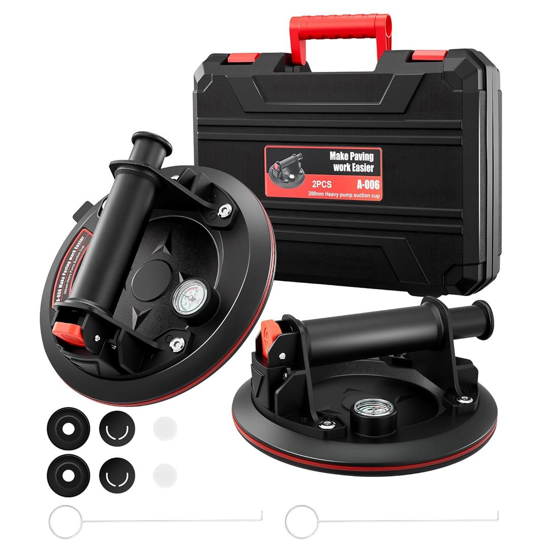 Heavy Duty Suction Cups for Glass, Tile, Windows - 8'' Tile Suction Cup Tool with Pressure Gauge, 880 lbs Capacity, 3-Layer Rubber Pad, Quick Release for Construction & Home Use