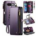 Defencase Compatible with Pixel 9/Pro Case, RFID Blocking Wallet Case Fit for Google Pixel 9 & 9 Pro Soft PU Leather Magnetic Snap Flip Zipper Strap Card Holder Phone Case for Women Men, Purple