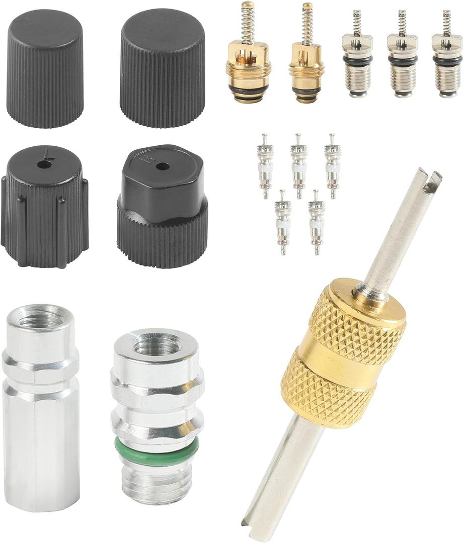 17PCS AC Schrader Valve Kit,Car Accessories AC Valve Core Kit with Removal Tool,Compatible with R12,R22,R134 Refrigerants,Suitable for Replacement and Repair of Car Air Conditioners, 2 pack