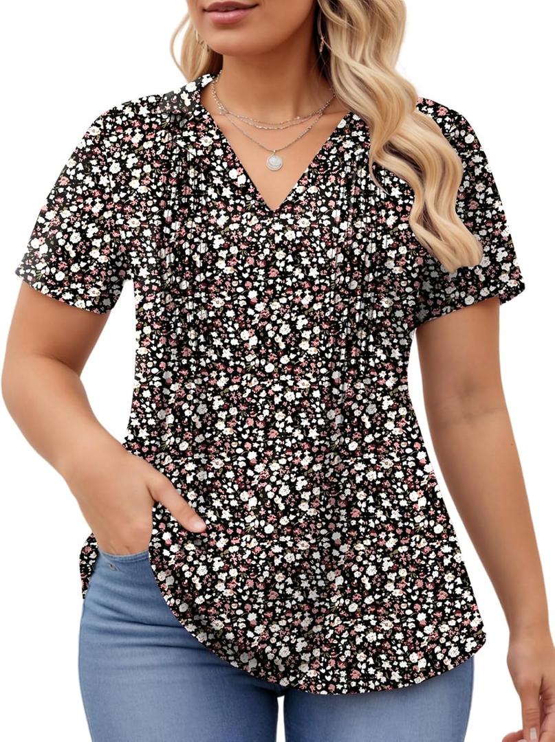 ROSRISS Plus-Size-Womens-Summer-Tops Casual Polo V Neck Work T Shirts Cute Flowy Pleated Blouses Trendy Short Sleeve Tunics (Black)