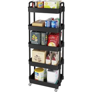 Laiensia Multifunction Utility Rolling Cart, 5-Tier Plastic & Metal Storage Organizer, Black, Lockable Wheels, Modern Style, Indoor Use