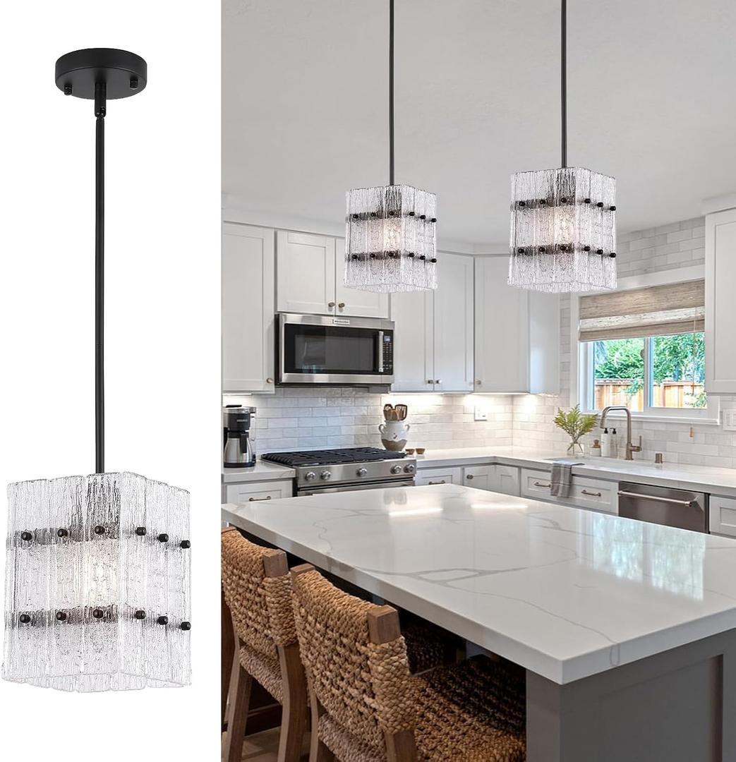 Modern Black Crystal Pendant Light,Elegant Luxury Square Water Ripple Glass Chandelier Pendant Lighting Fixture for Dining Room Kitchen Island Hallway Entryway Bathroom UL Listed
