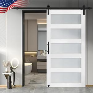 S&Z TOPHAND 44 in x 84 in Glass Sliding MDF Barn Door with 8FT Sliding Door Hardware Kit, 5 Tempered Frosted Glass, Slab Inside Covered with Water-Proof PVC Surface, Simple DIY Assembly