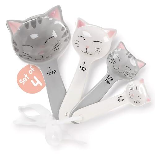 Cat Shaped Ceramic Measuring Spoons - Gift for Any Cat Lover - Cat Ceramic Measuring Spoons Baking Tool - Creative Functional Kitchen Decor - Comes in White and Gray - Set of 4