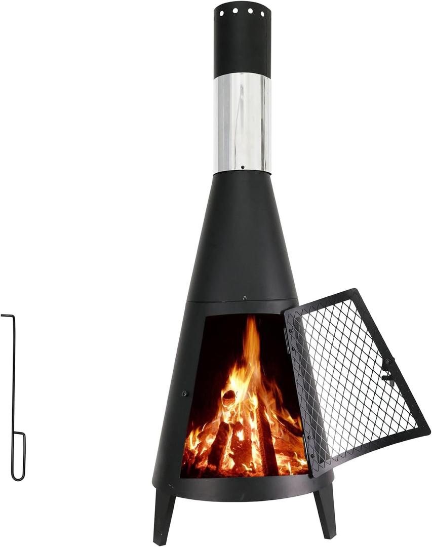 BDL Chiminea Outdoor Fireplace Outdoor Wood Burning Fire Pit, Free Standing Fireplace with Log Grate, Mesh Screen for Patio, Backyard, Garden-Black