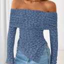 ZESICA Women's Fall Floral Off Shoulder Tops 2025 Mesh Long Sleeve Shirts Asymmetrical Ruched Tee Blouses Trendy Outfits (Blue, XL)