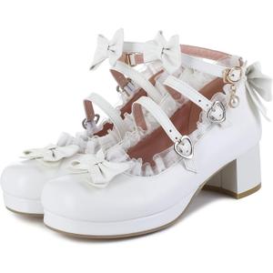 LUXMAX Women Cute Shoes Kawaii Pumps Mid Block Heel Mary Janes Platform Sweet Cosplay Dress Shoes Strappy Ankle Strap Pumps with Bow, Size 39