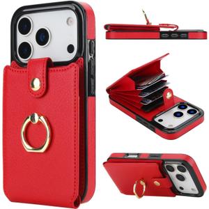 Folosu Compatible with iPhone 17 Pro Case Wallet with Card Holder, 360Rotation Finger Ring Holder Kickstand, RFID Blocking Leather Protective Double Buttons Shockproof Cover 6.3 Inch Red