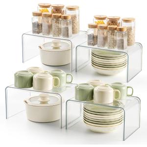 Clear Spice Rack Shelves, Pantry Organizers and Storage Set of 4, Display Shelf Organizer, Room Bathroom Desk Shelf Countertop Organization and Storage, Ideal for Kitchen Cabinet Organizer Shelf