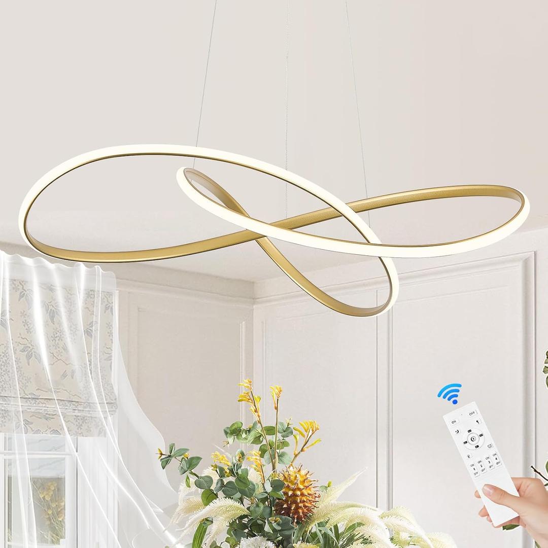 D31.5in Modern LED Chandelier Gold Ring Chandelier High Ceiling Contemporary with Dimmable Remote Control, LED Pendant Light Fixtures for Foyer Dining Room Kitchen Island, 3000-6500K