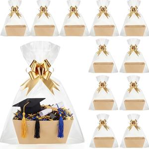 Colarr 12 Pack Baskets for Gifts Empty Bulk Kraft Empty Gift Basket Kit with Handle Wrap Bag Bow DIY Cardboard Market Tray to Fill for Mother's Day Wedding Graduation, 9.8" x 6.5" x 4.3"(Gold)