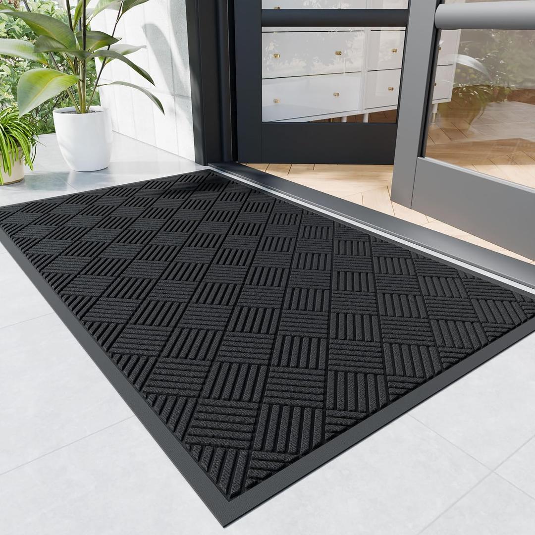 Naturei Durable Indoor Outdoor Door Mat, 2' x 4' Heavy Duty Front Door Mat for Entryway, Non-Slip Backing, Stain and Fade Resistant, Absorbent Commercial Floor Mat for High Traffic Area, Black