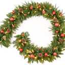 9FT Red Gold Christmas Garland Prelit with Battery Operated 50 LED Lights,Holiday Decoration Stairs Mantle Door Indoor Outdoor