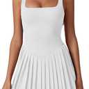 QINSEN Womens Square Neck Tennis Dress Pleated Sleeveless Built in Shorts Golf Athletic Dress with Pockets (Medium, White)