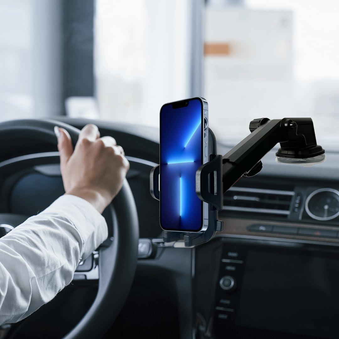 360 Car Phone Mount Holder Adjustable Long Neck Adaptable Cradle for Windshield, Dashboard and Office Desk. Compatible with Any Smartphone