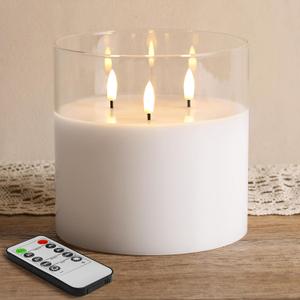 Eywamage 3 Wick Clear Glass Flameless Candle with Remote, Large Flickering LED Battery Pillar Candle 6" H 6"