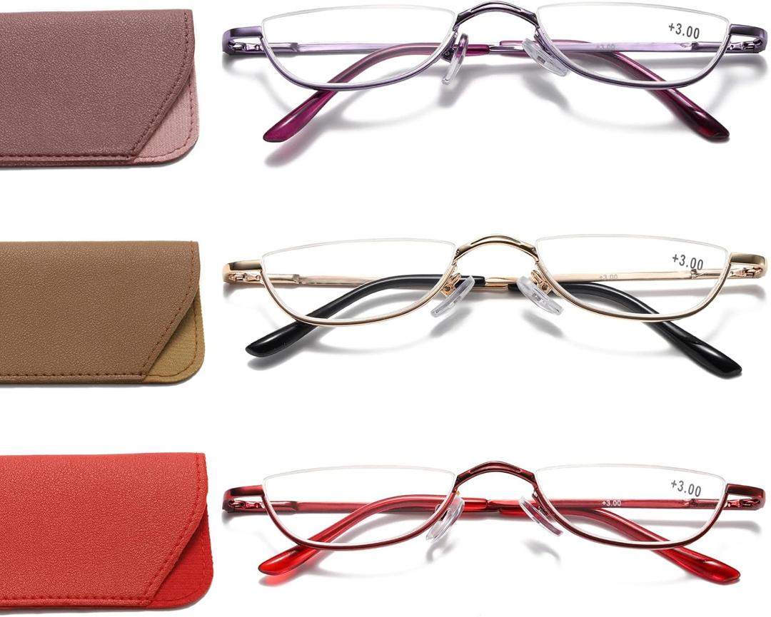 Viseng Half Frame Reading Glasses for Women Men Slim Half Moon Lens Readers Metal Semi Rimless eyewear Purple+Gold+Red+2.25