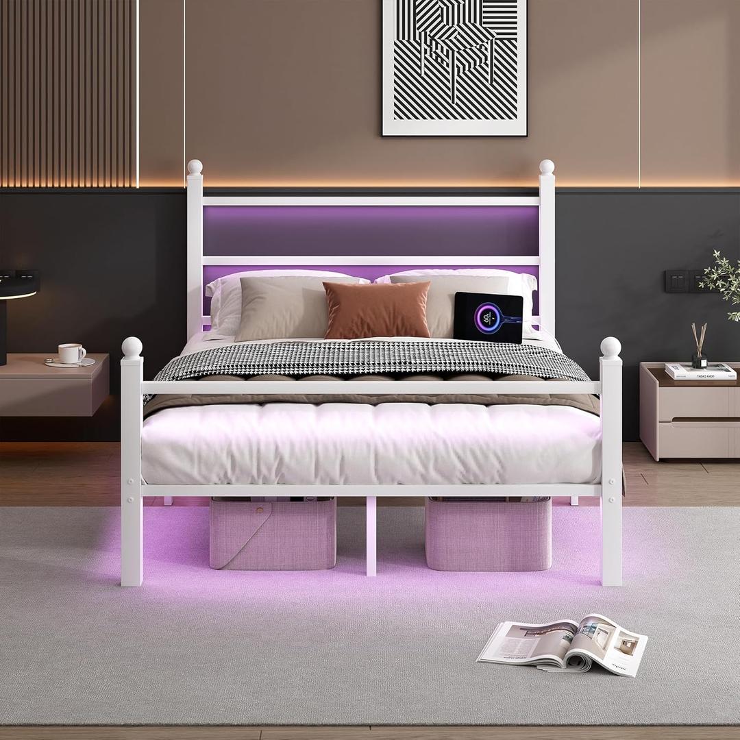 CLIBFENG Full Size Bed Frame with Headboard and Footboard,Steel Slats Support-LED Bed Frame with USB Charging Station,Mattress Foundation-Under Bed Storage,No Box Spring Needed,Noise Free,White