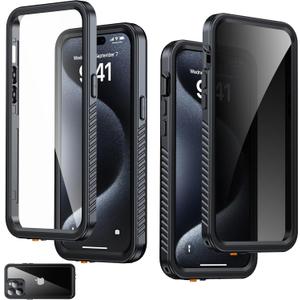 for iPhone 15 Pro Max Case Waterproof - Built-in Privacy Screen Protector & HD Screen Protector [IP68 Underwater] Shockproof Dustproof Full Body Protection iPhone 15 Pro Max Phone Case (Black)