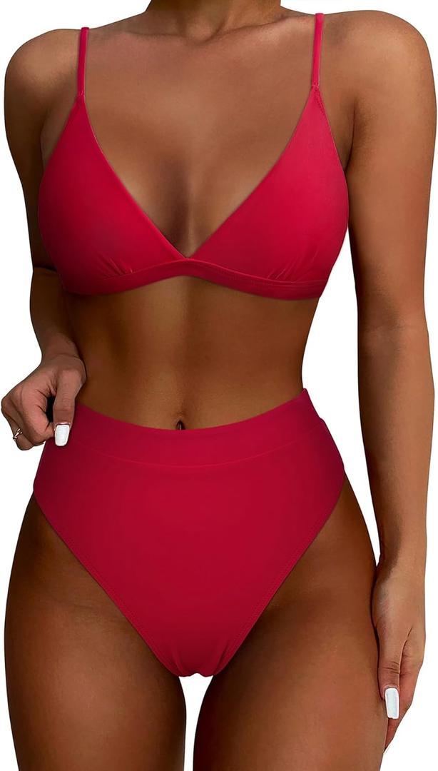 SUUKSESS Women Sexy High Waisted 2 Piece Bikini Sets Triangle High Cut Swimsuits (Small)
