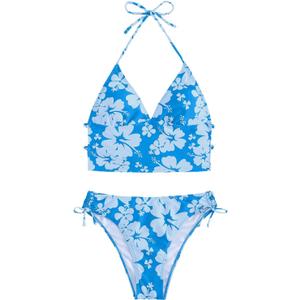 Floerns Women's Tankinis 2 Piece Floral Print Halter Tie Back Crop Top and Bottoms Bikini Set (Medium, Blue)