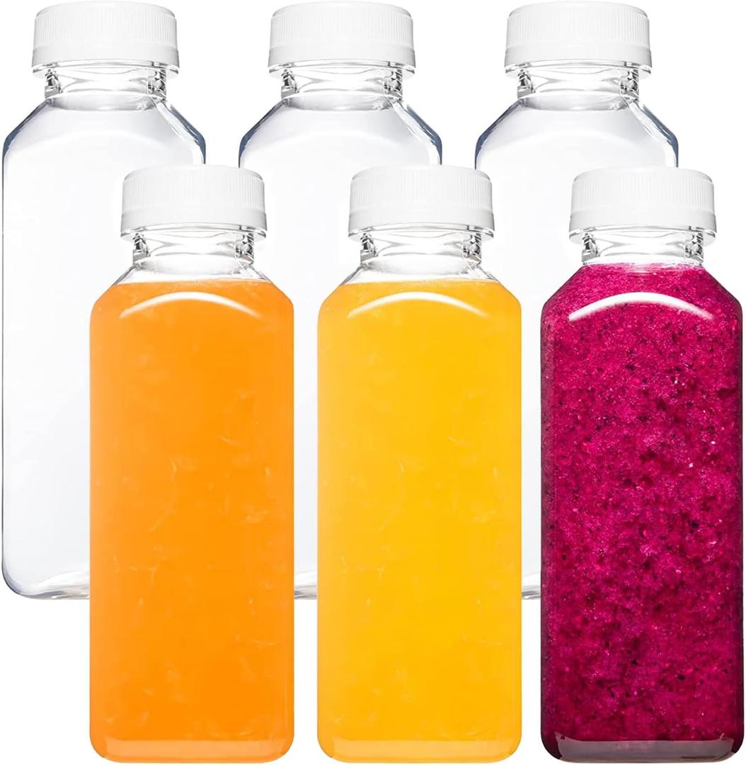 Norcalway 6pcs 12oz Plastic Juice Bottles with Caps, Reusable Juicing Bottles, Clear Drink Containers with Lids for Juicing, Smoothie and Other Beverages (12 OZ / 6 PACK)
