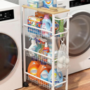 Rolling Utility Cart, 4Tier Slim Narrow Storage Cart with Wheels for Kitchen, Laundry Room Organization, Metal Bathroom Organizer with Wood Top, Natural Wood Color, 17.3" x 7.9" x 32.6"