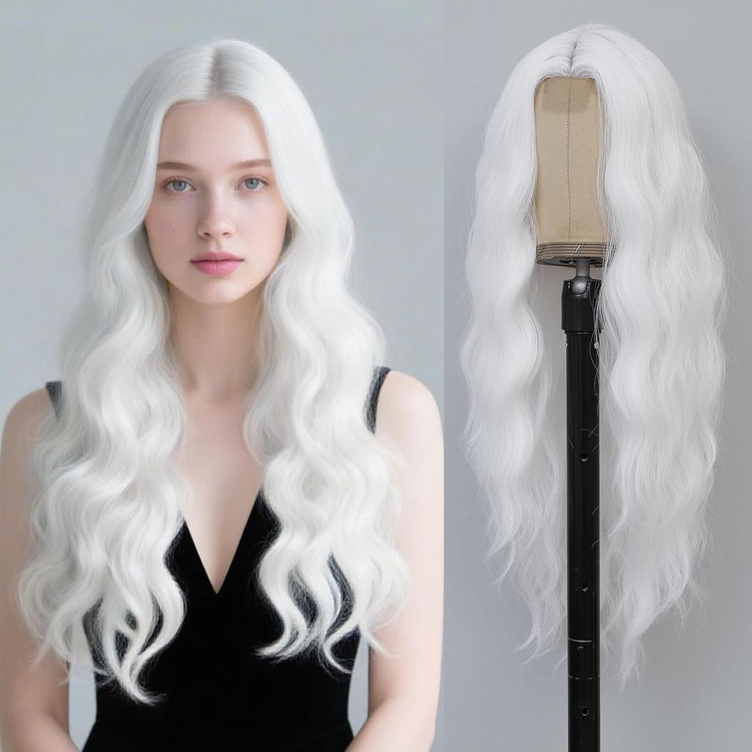 White Wig 26 Inch Long Wavy Wig for Women - Heat Resistant Synthetic Hair Middle Part Curly Wig Natural Look for Daily Party Cosplay Costume Use